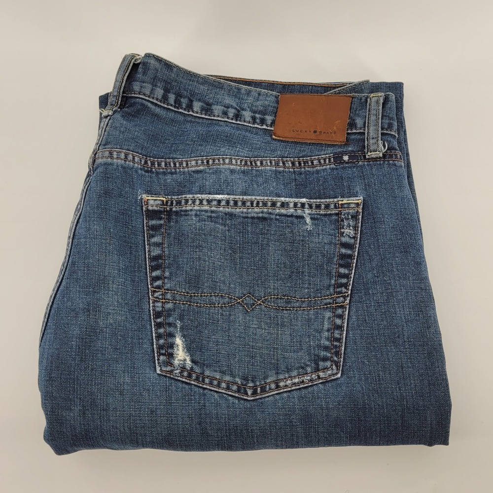 Lucky Brand 181 Relaxed Straight Jeans Mens 40x30 Blue Distressed Denim